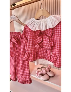 Blouse quadri con fiocchi rosso rosa
