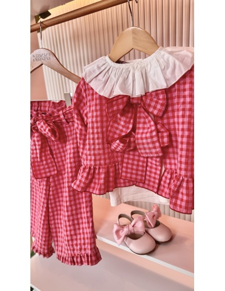 Blouse quadri con fiocchi rosso rosa